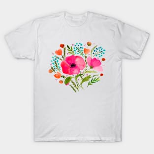 Watercolor poppies bouquet - pink and green T-Shirt